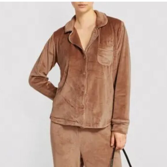 Skims Velour Button Up Sleep Shirt Collared Crushed Velvet Top Tan Plus Size 2X - Picture 1 of 10